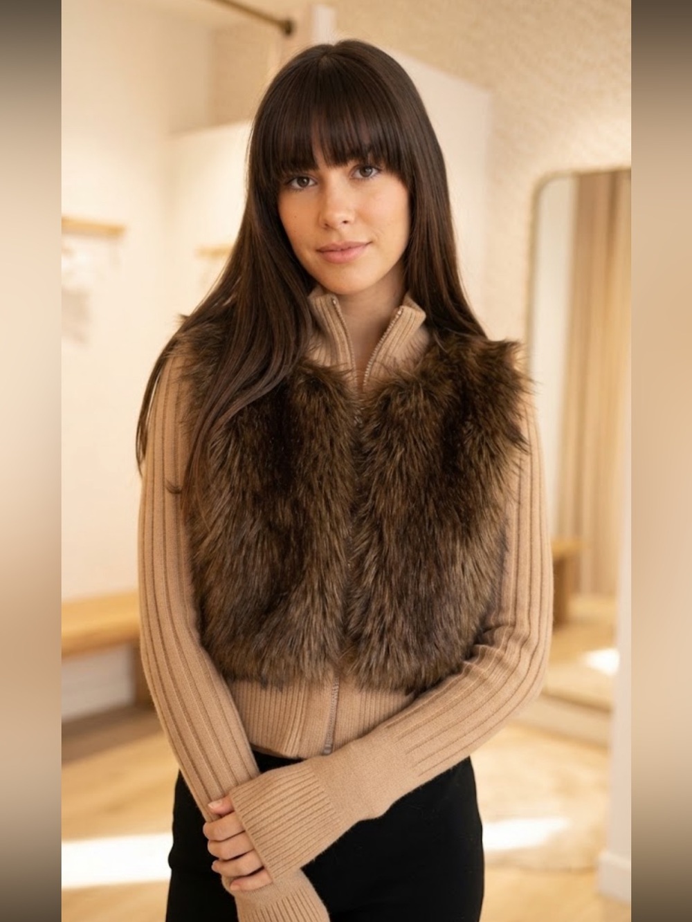 BDG Urban Outfitters Beige Ribbed Double Zip Sweater w/Brown Faux Fur Front NWT